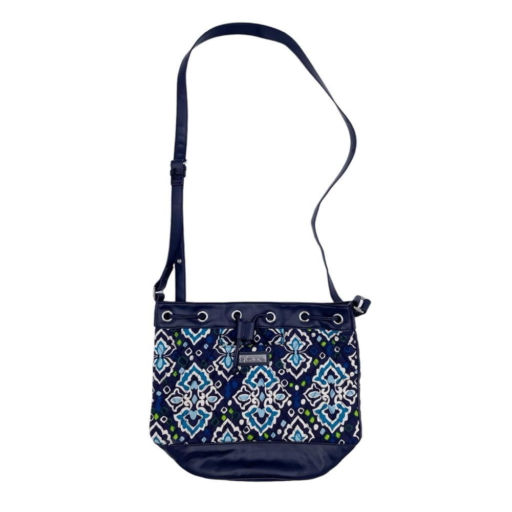 Vera Bradley Crossbody Drawstring Bucket Bag Purse Ink Blue Print Faux Leather
